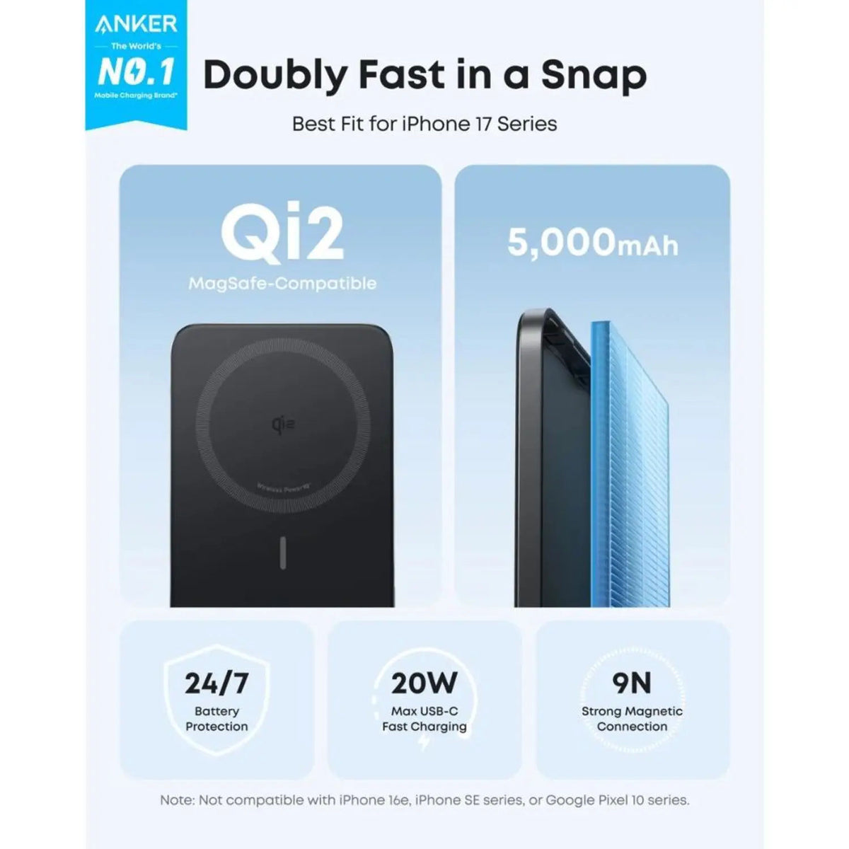 Anker Nano 5000mAh Slim MagGo Power Bank, Qi2 15W Magnetic Wireless Charging, 20W USB-C