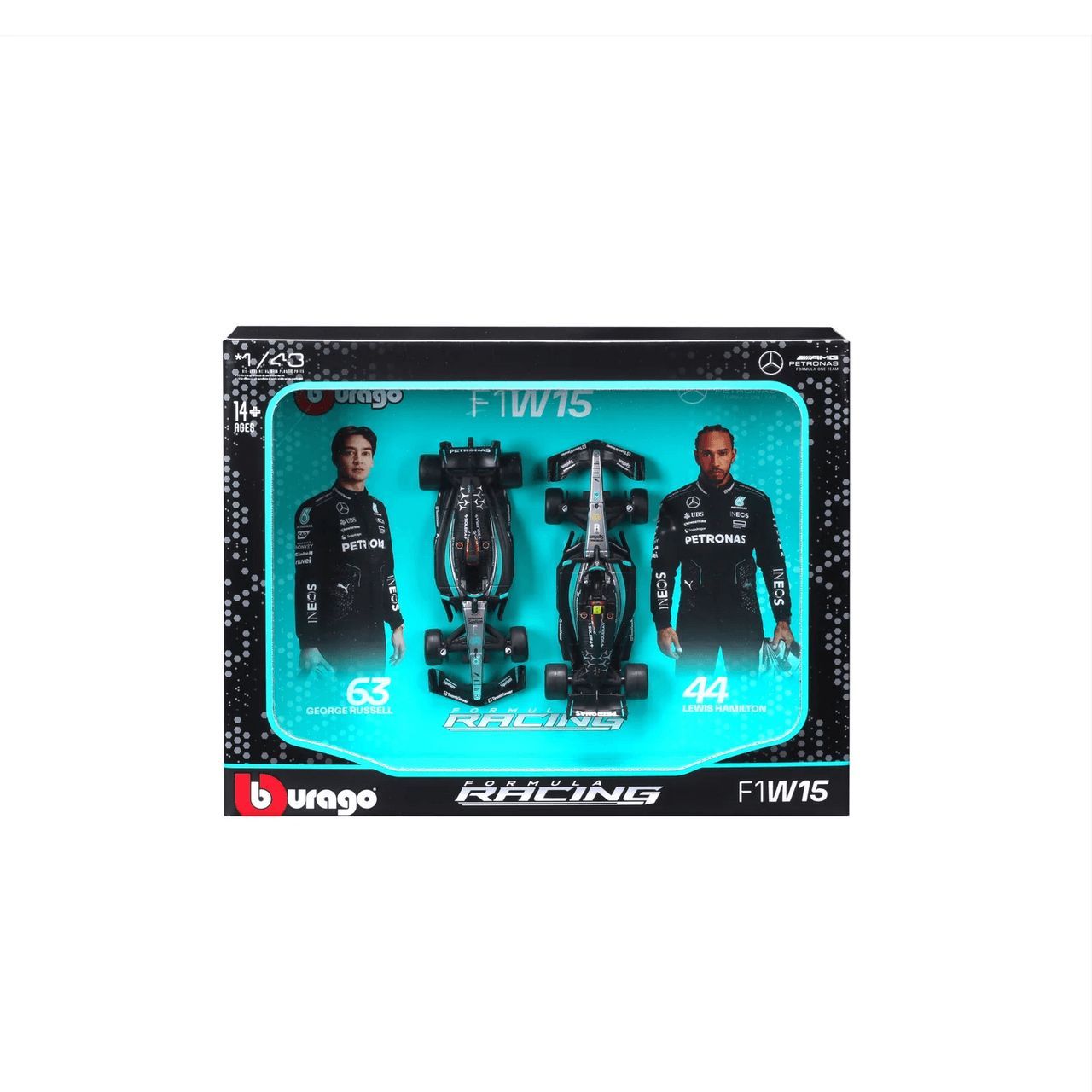 Bburago Racing F1 2024 Mercedes AMG W15 #44 Lewis Hamilton and #63 George Russel Die-Cast Cars 2-Pack Set (1:43), 14+ years