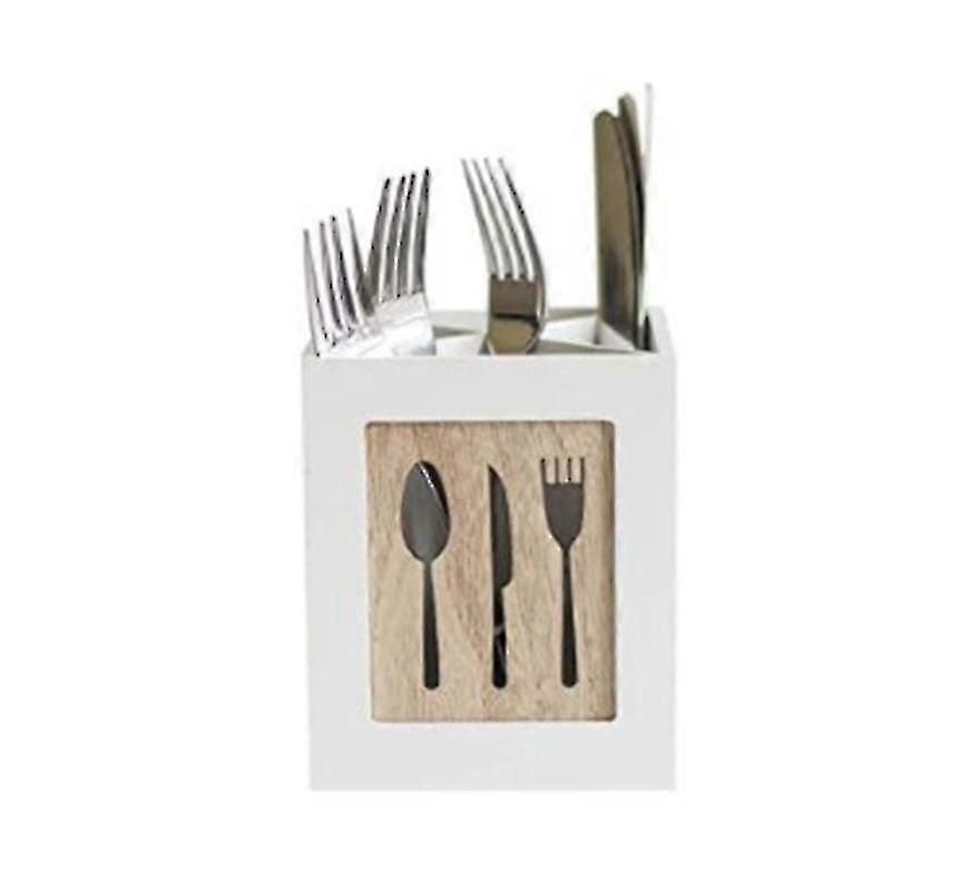 Decorative Wooden Cutlery Organizer Box - Tabletop Spoon/Fork/Knife Storage Basket with Carved Utensil Motif for Kitchen