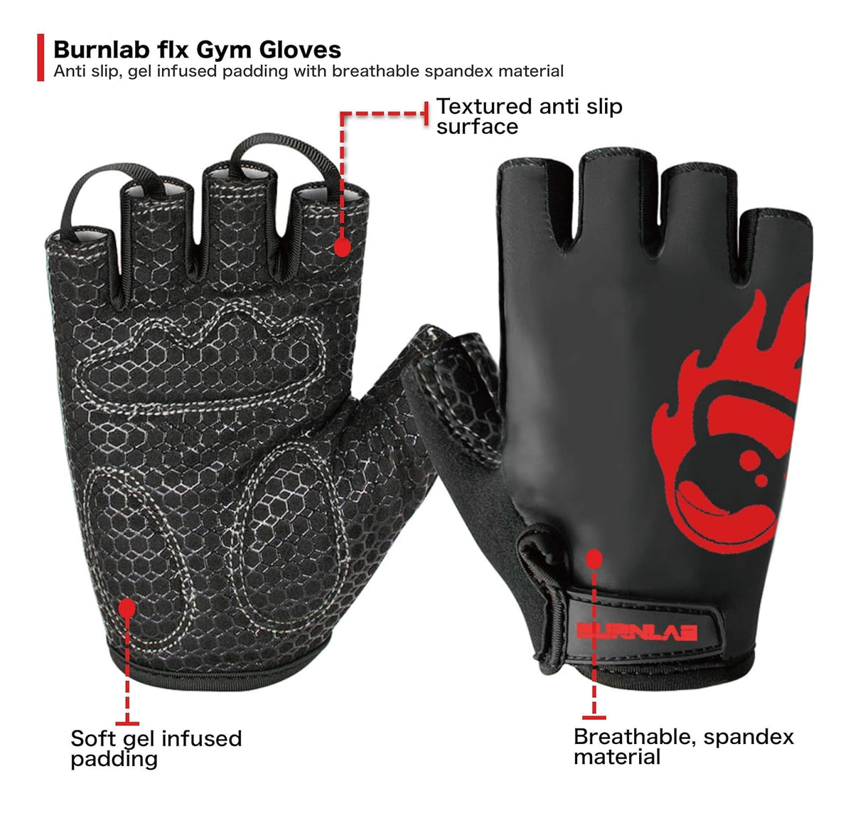 Burnlab Flex Gym Gloves for Men and Women (Black & Red XL)