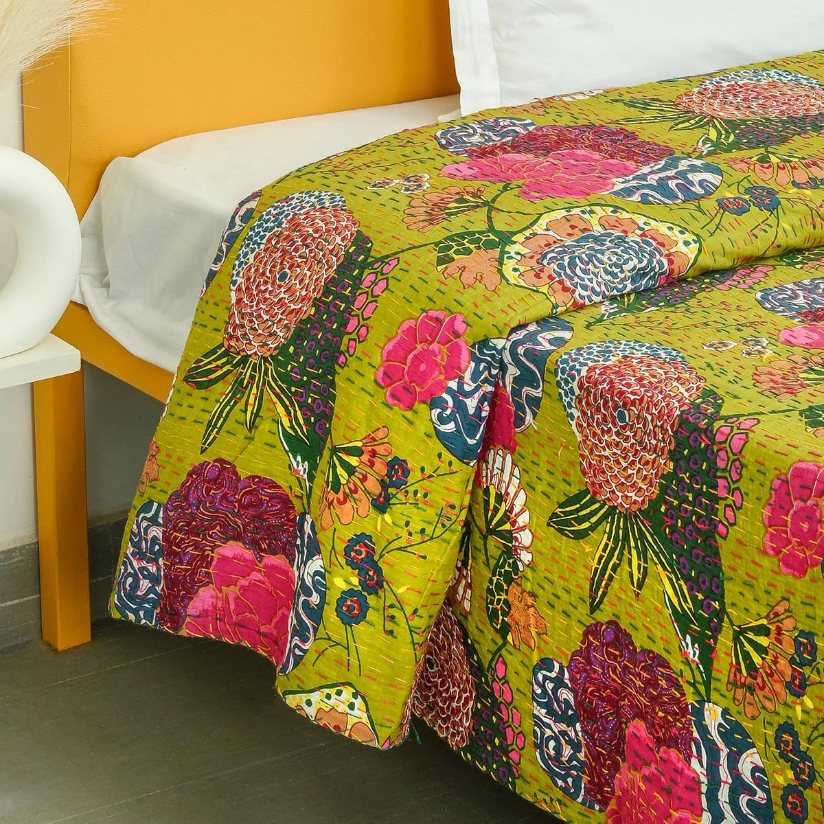 Mehndi Green Kantha Quilt Cotton Bedspread | Handmade Floral Indian Bedding