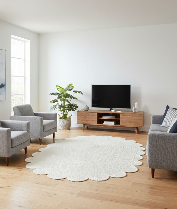 White Oval Jute Rug Scalloped Edge Handwoven Carpet | Natural Boho Floor Mat