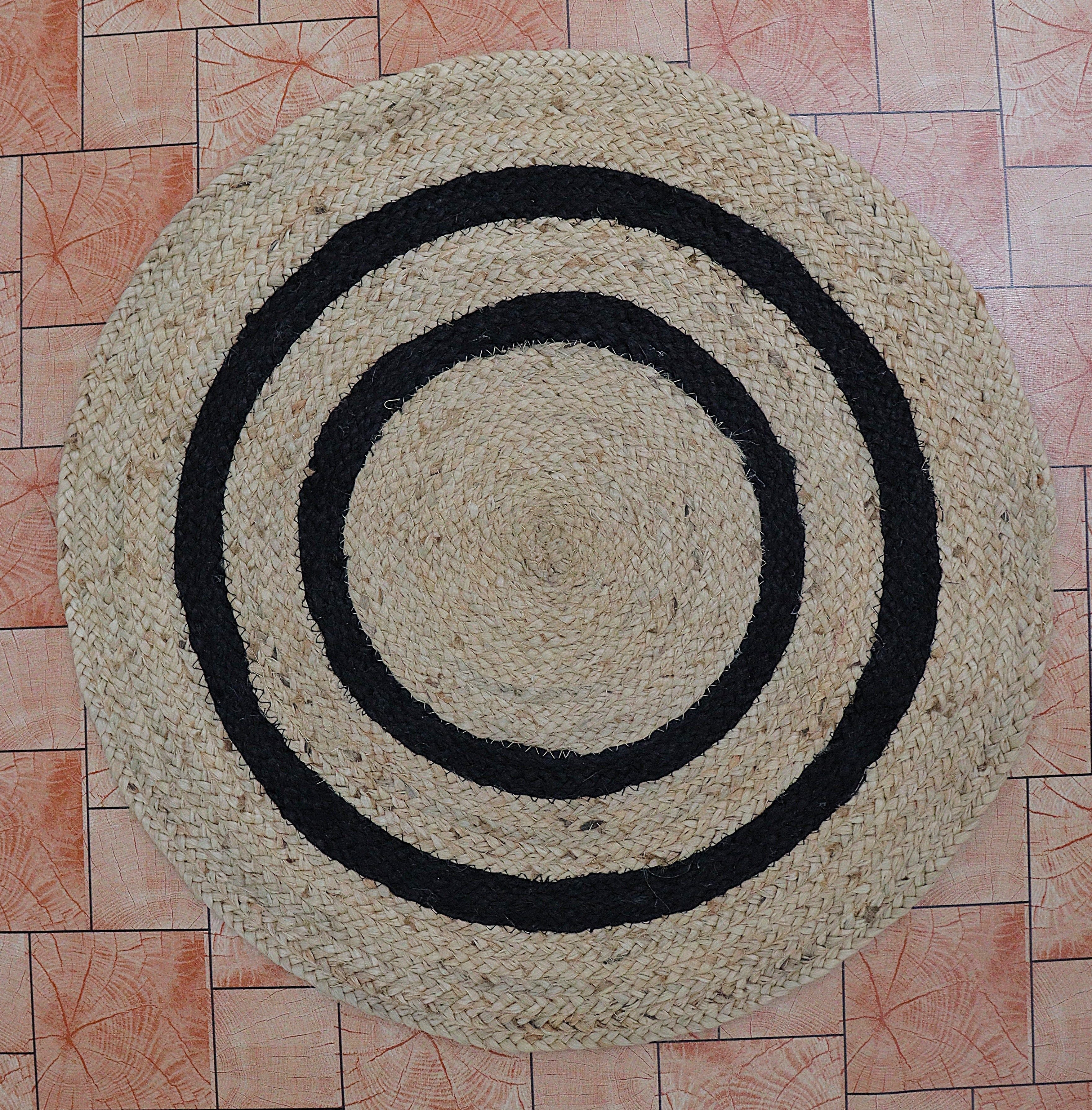 Round Jute Rug with Black Rings | Handwoven Natural Boho Circle Carpet