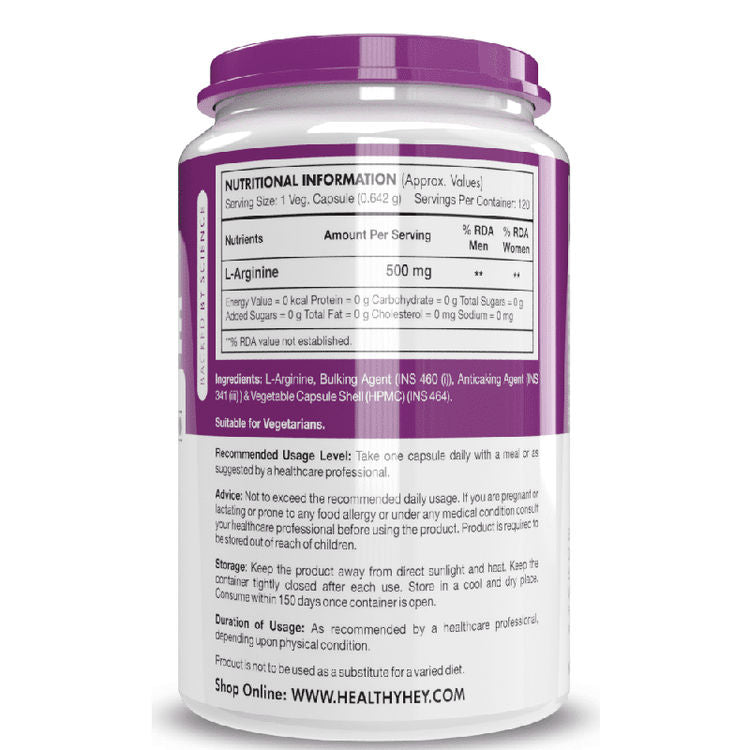 HealthyHey L-Arginine 120 Vegetable Capsules (Pack of 1)