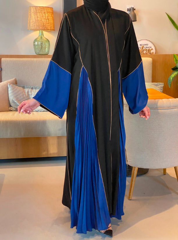MOiSTREET Black & Blue Nida Abaya with Piping Detailing