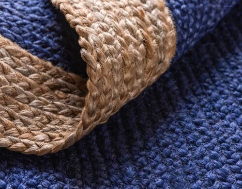 Round Jute Area Rug with Navy Blue Center & Natural Border | Handwoven Coastal Area Carpet