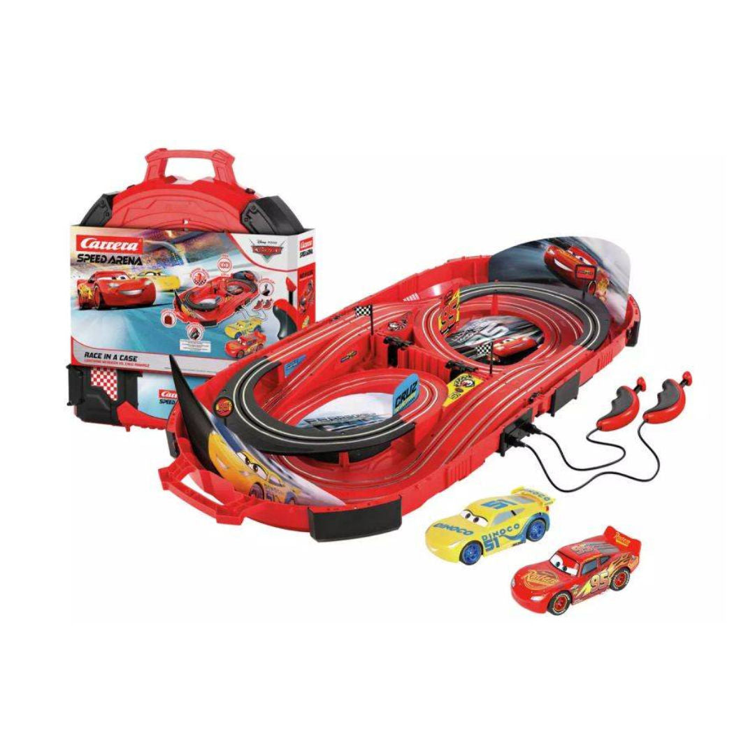Carrera Speed Arena Disney Pixar Cars Race In A Case Lightning McQueen vs Cruz Ramirez Slot Car Racing Set 1:64, Red/Yellow, 3+ years
