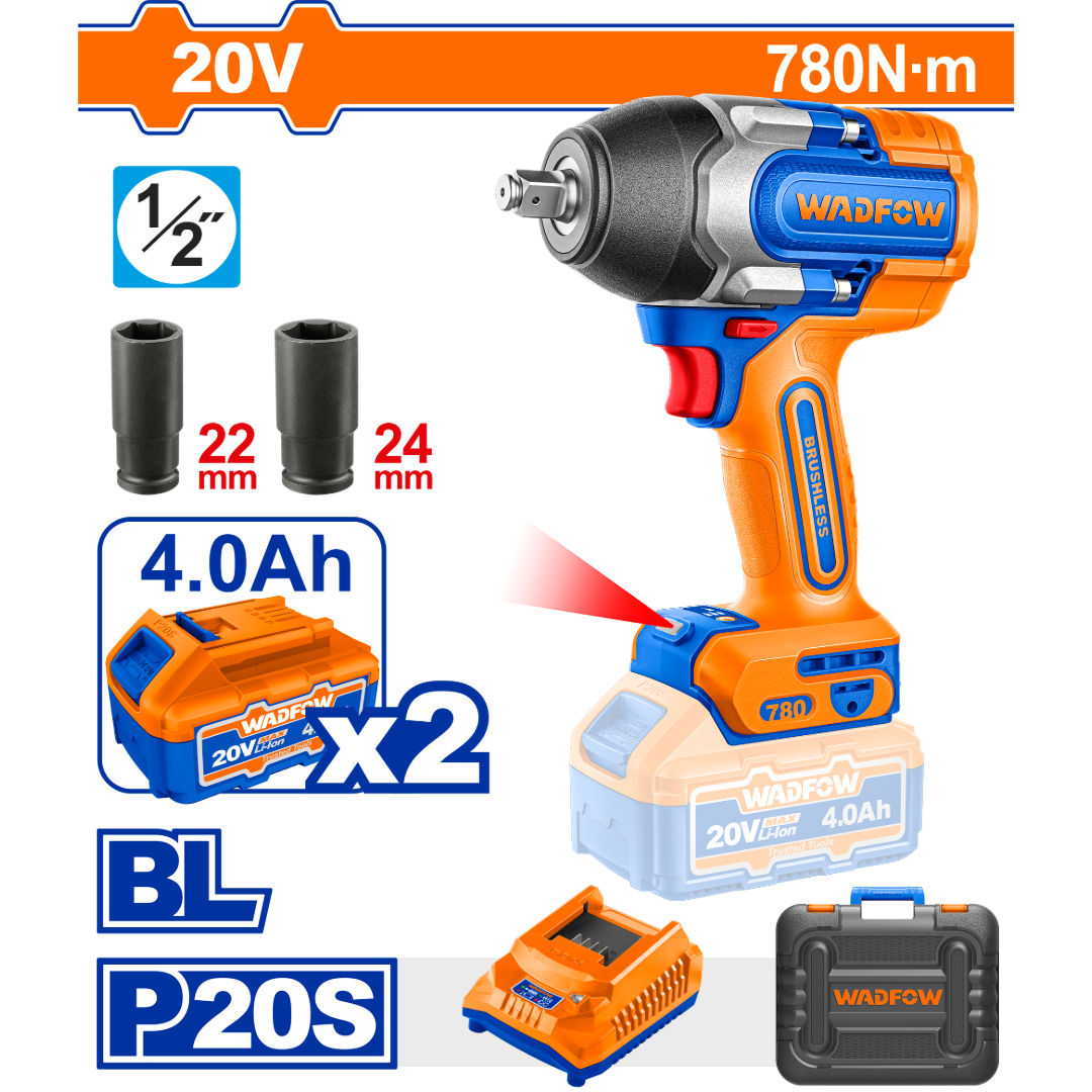 WADFOW Cordless Brushless Impact Wrench 20V, 1/2″ Drive with Batteries & Carrying Case