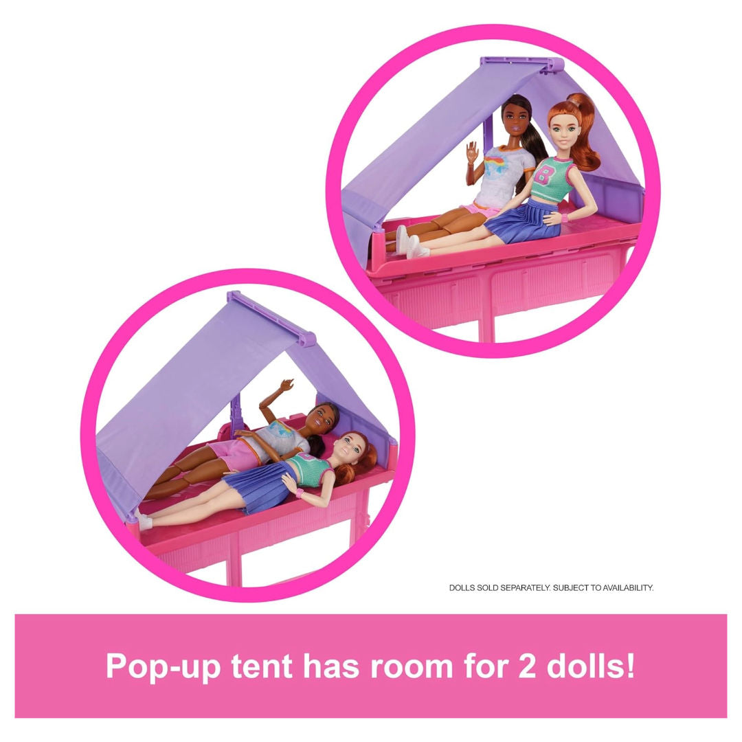 Barbie Dream Camper Playset, Roof Tent, Swing Chair, Fishing Pond, BBQ Grill with Color-Change & 60+ Accessories Model HRJ78
