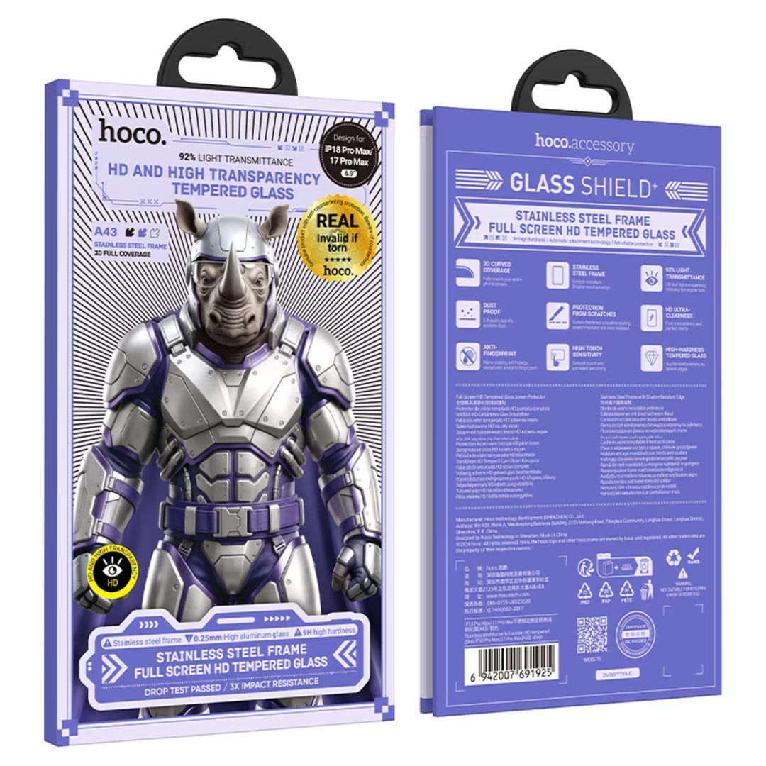 Hoco A43 Stainless Steel Frame Full Screen HD Tempered Glass for iPhone 18 Pro Max, iPhone 17 Pro Max, HD & High Transparency, Stainless Steel Frame