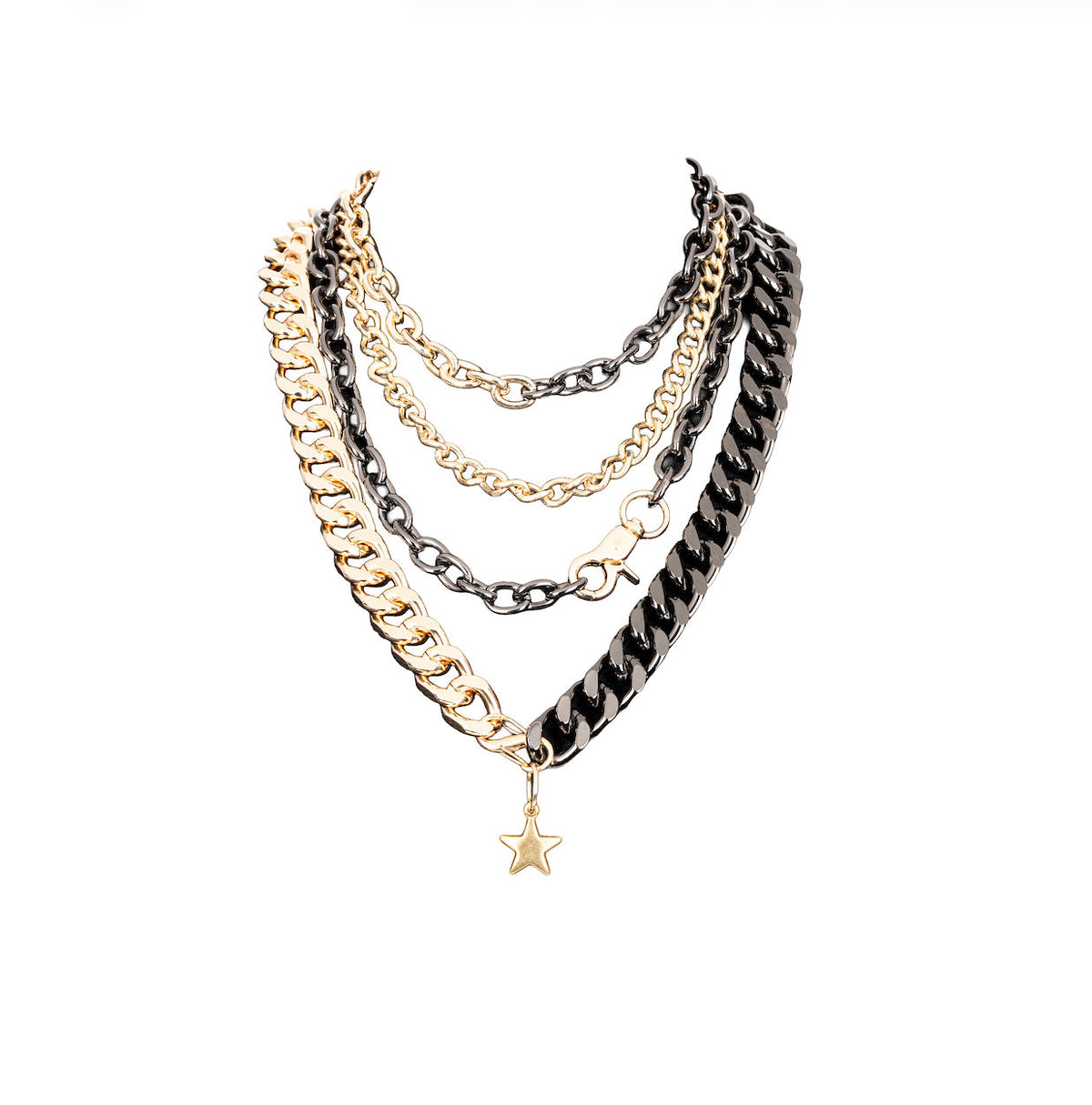 The Dark Black & Gold Layered Chain Necklace with Star Pendant