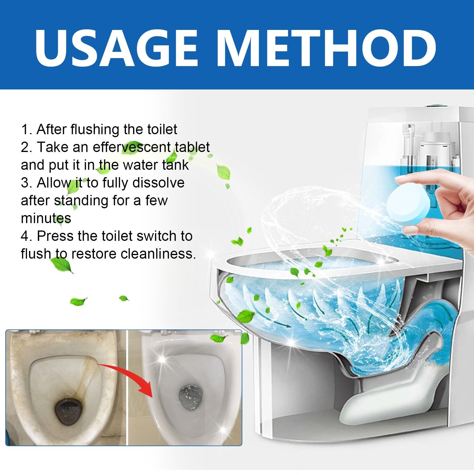Automatic Toilet Cleaner Tablets, Odor Removal, Stain & Rust Removal, Fresh Fragrance ,10pcs