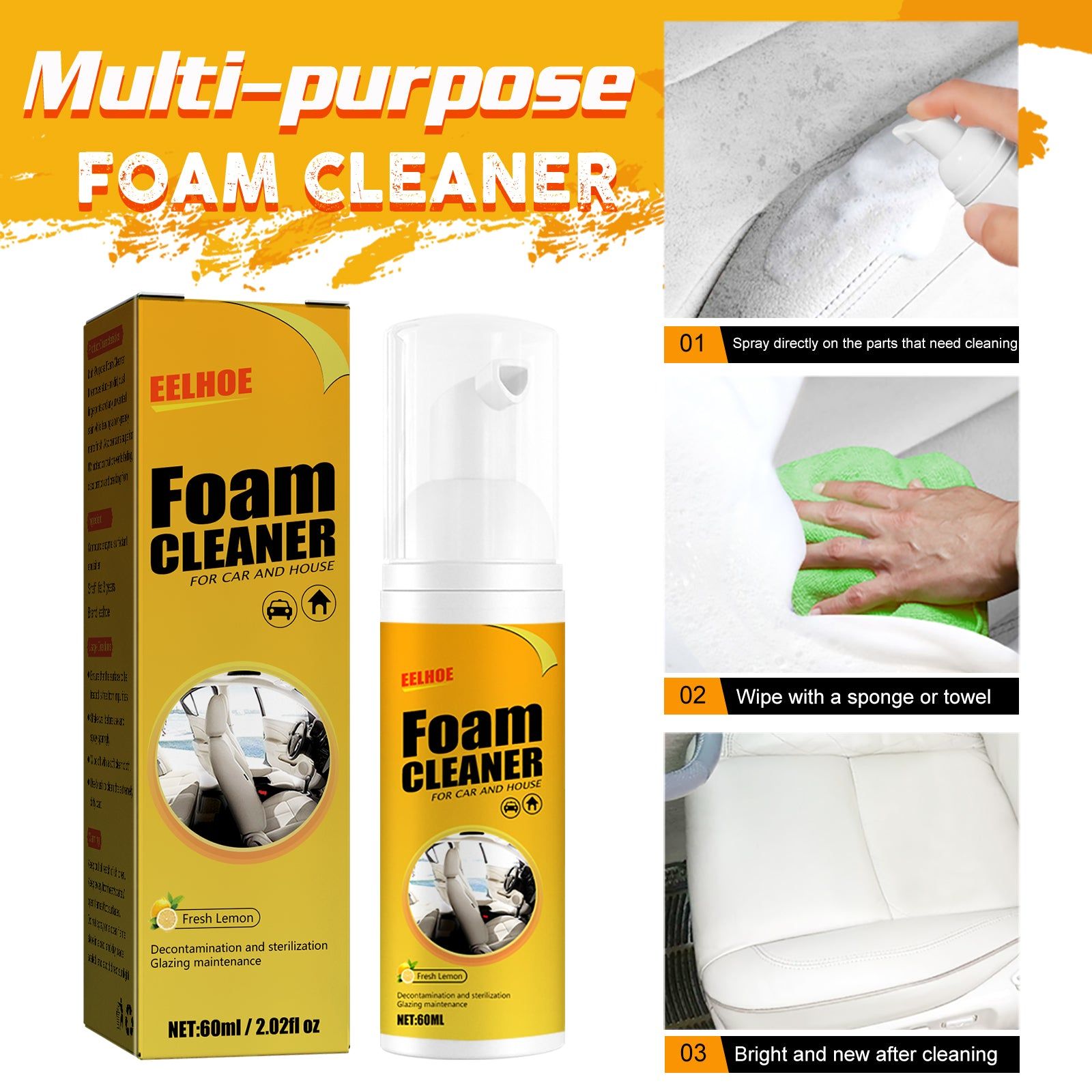 Car Seat Cleaning Foam, Multi-Purpose Interior Decontamination, Safe and Fast ,120ml