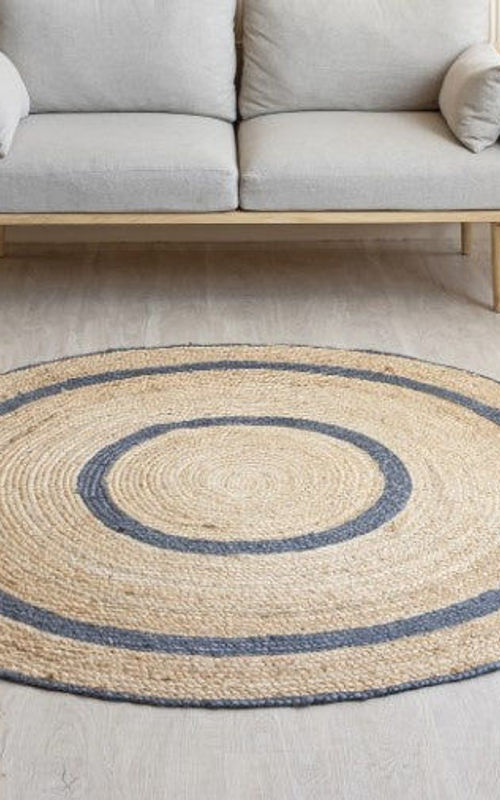 Handmade Natural Jute Round Area Rug with Blue Ring Design | Handwoven Coastal Farmhouse carpet Rug