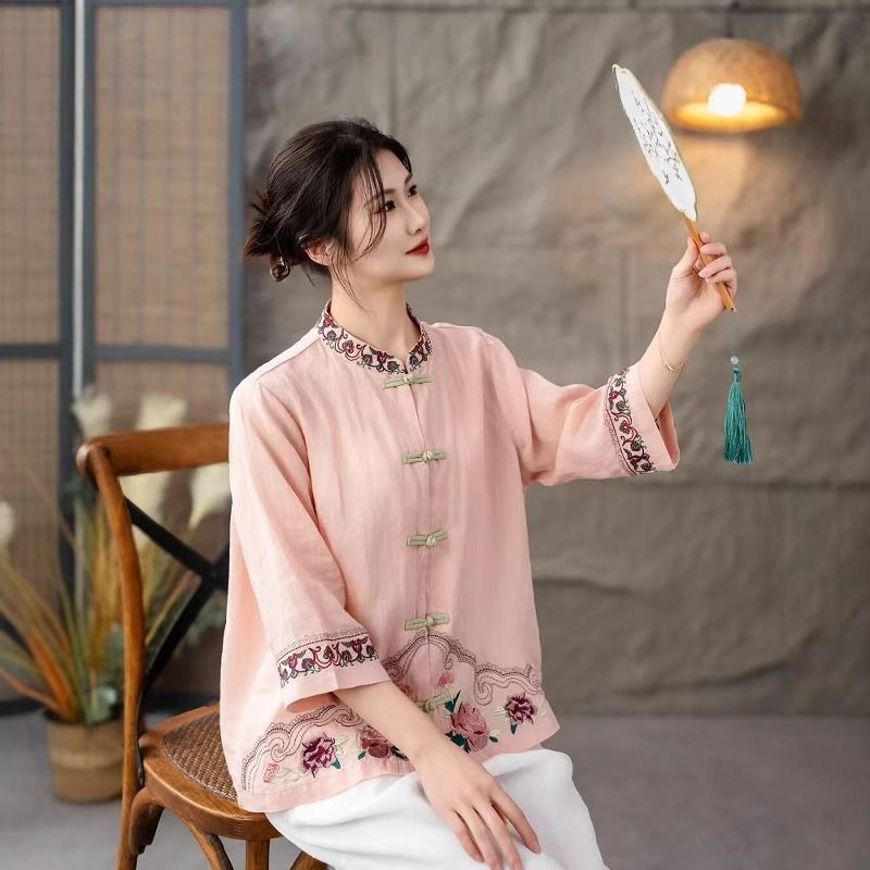 Chinese Style Cotton Linen Stand Collar Frog Button Long Sleeve Top