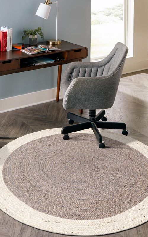 Modern Grey Round Area Rug with White Border | Handwoven Minimalist Round Carpet
