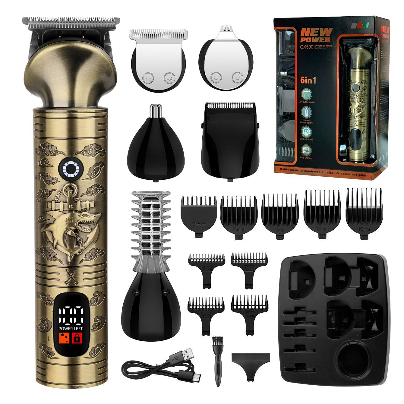 Hair Clipper with Digital Display and 9 Guide Combs