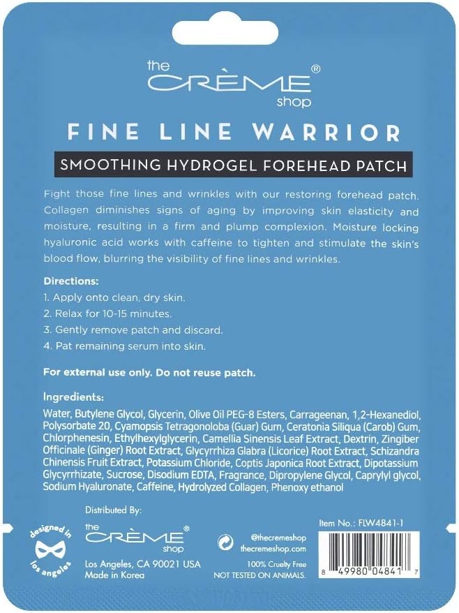 The Creme Shop Fine Line Smoothing Hydrogel Forehead Patch. Caffeine, Collagen, Hyaluronic Acid Infused 6G -