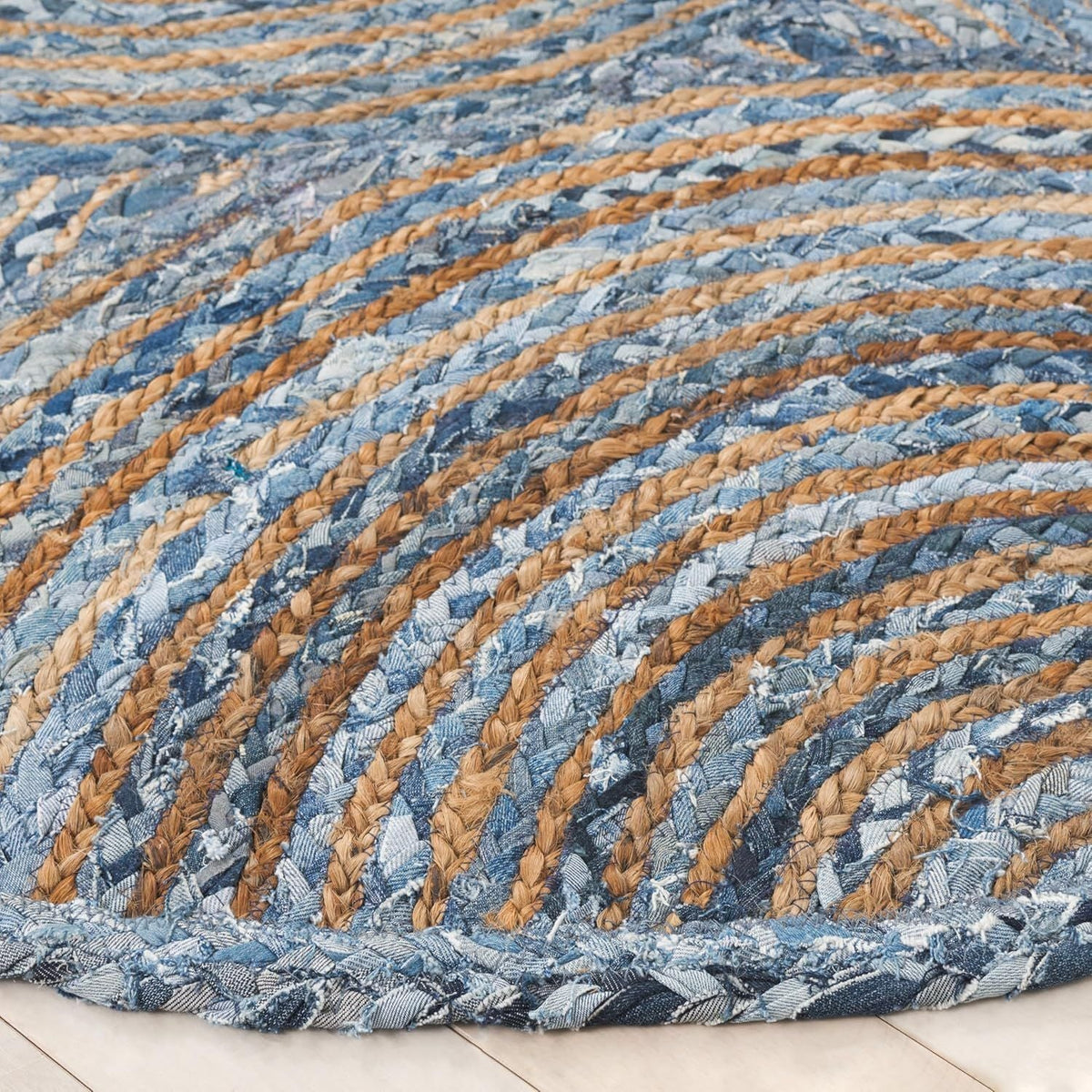 Blue Denim & Jute Round Rug with Spiral Pattern | Handmade Modern Boho Area Rug