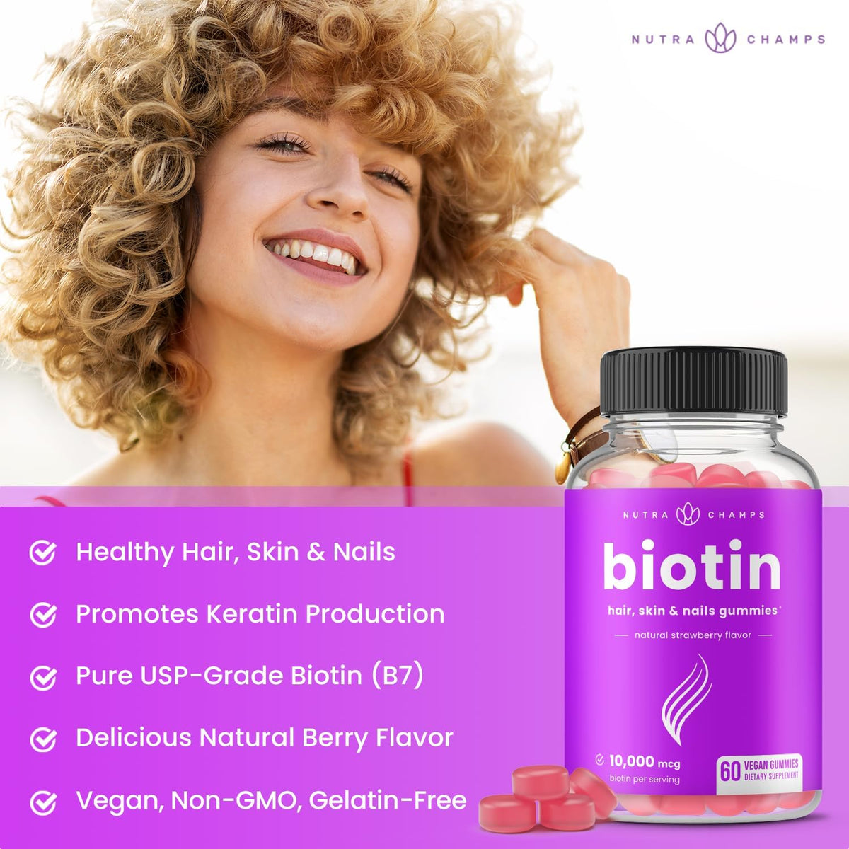 NutraChamps , Biotin Gummies, Natural Strawberry, 60 Vegan Gummies