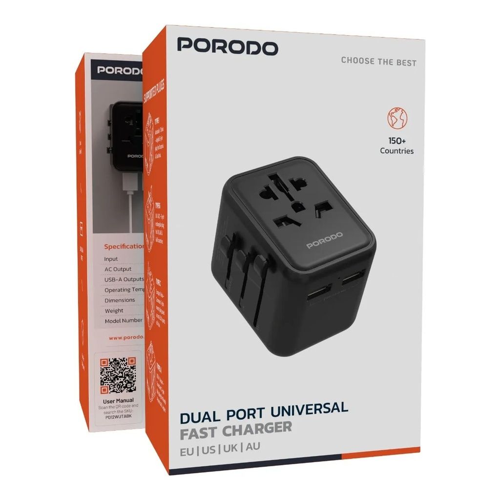 Porodo Dual USB-A Universal Travel Adapter 2.4A, PD-12WUTA-BK, Black