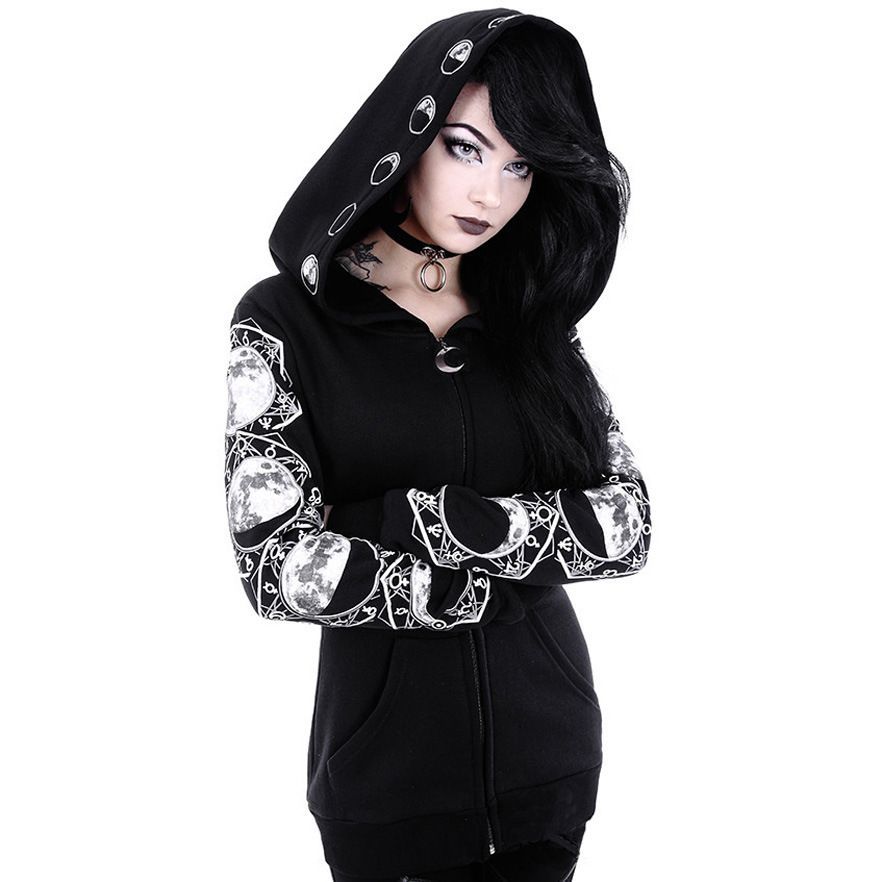 Punk Moon Print Plus Size Long Sleeve Hoodie For Women