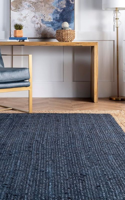 Handmade Braided Natural Jute Inner Blue With Natural Border Border Floor Area Runner Rug