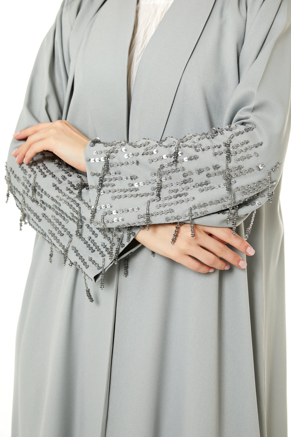 MOiSTREET Grey Korean Nida Hand Embellished Abaya