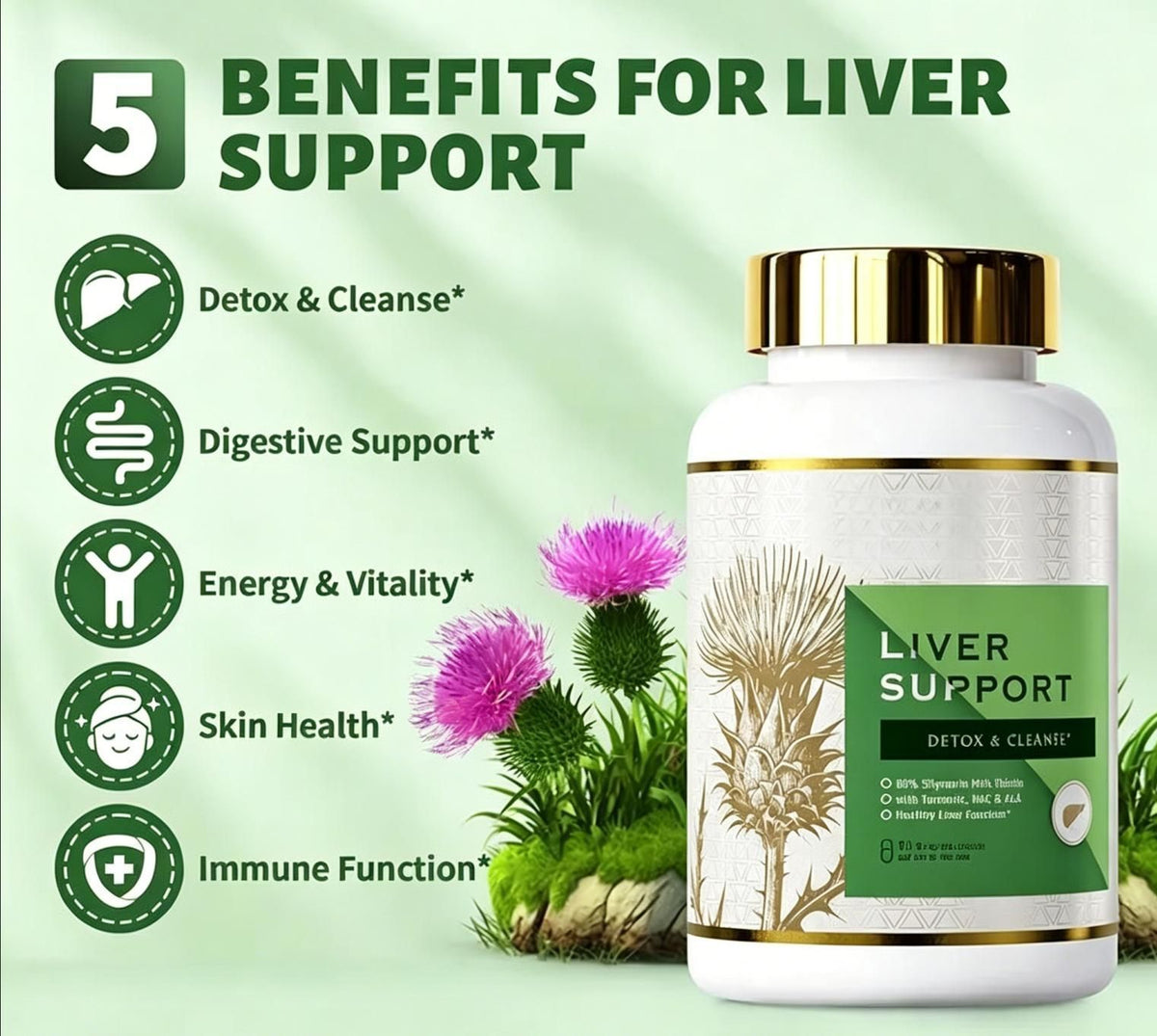 Milk Thistle Liver Support Daily Dietary Supplement, Herbal Blend with Artichoke Dandelion NAC Choline 120 Capsules