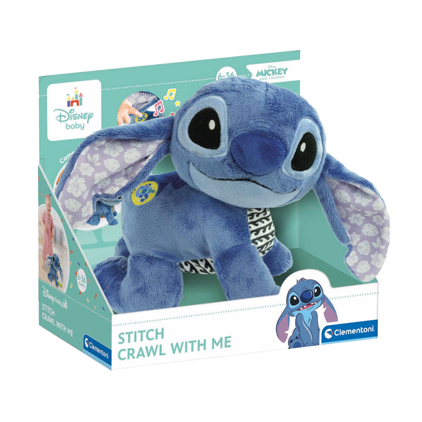 Clementoni Disney Baby Disney Lilo & Stitch Stitch Crawl With Me Interactive Plush Toy 23 x 16 x 26 cm, Blue, 6 Months to 3 year