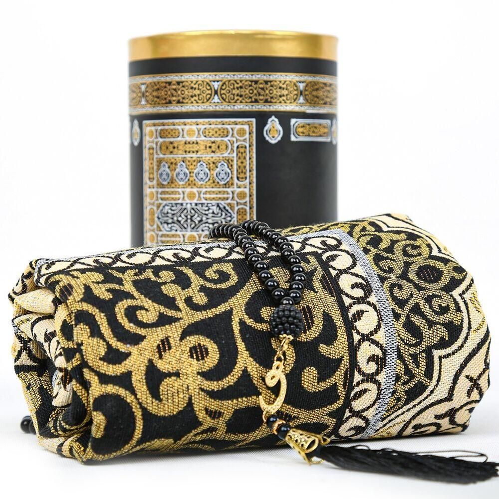 Muslim Prayer Rug And Beads With Elegant Design Cylinder Gift Box Set