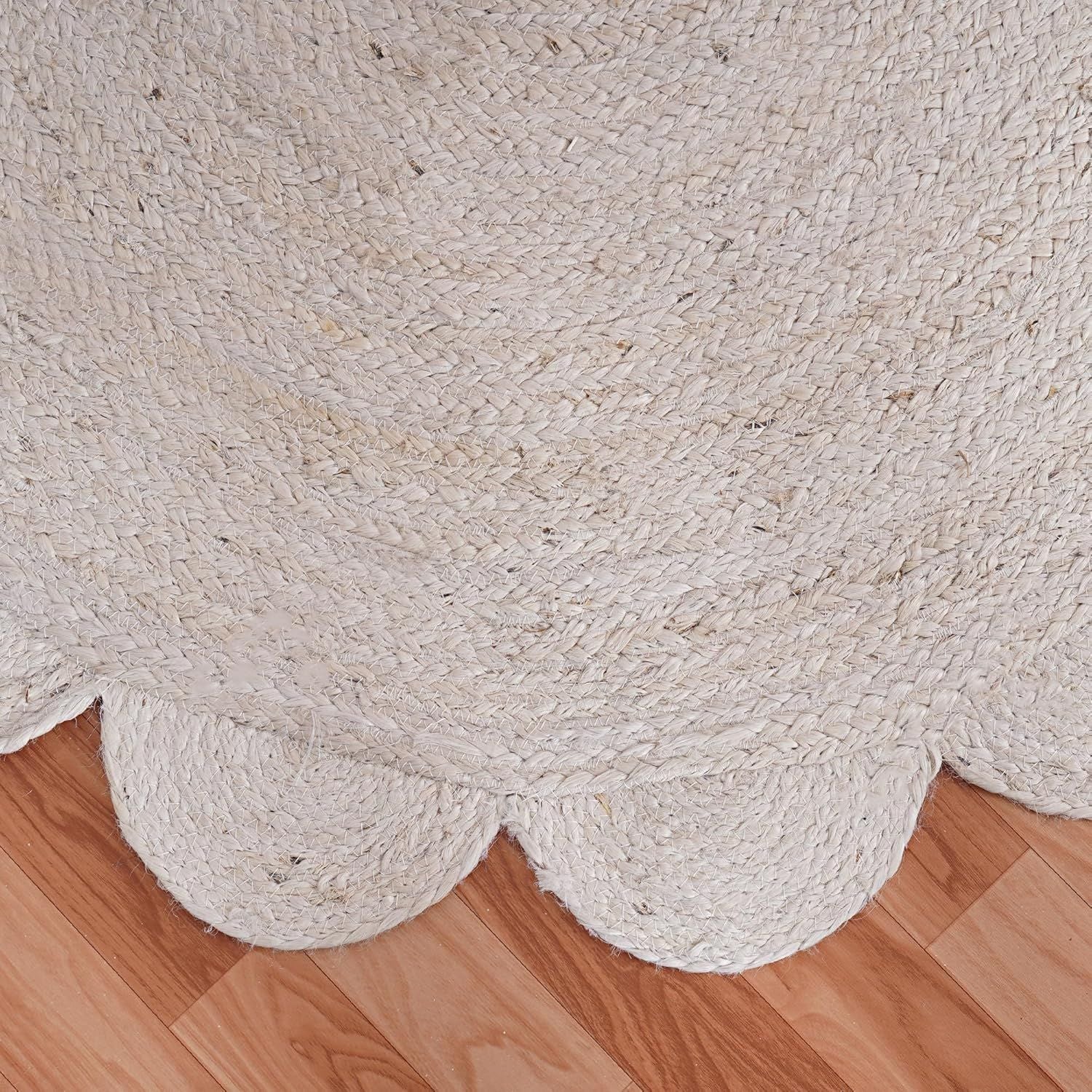 White Oval Jute Rug Scalloped Edge Handwoven Carpet | Natural Boho Floor Mat