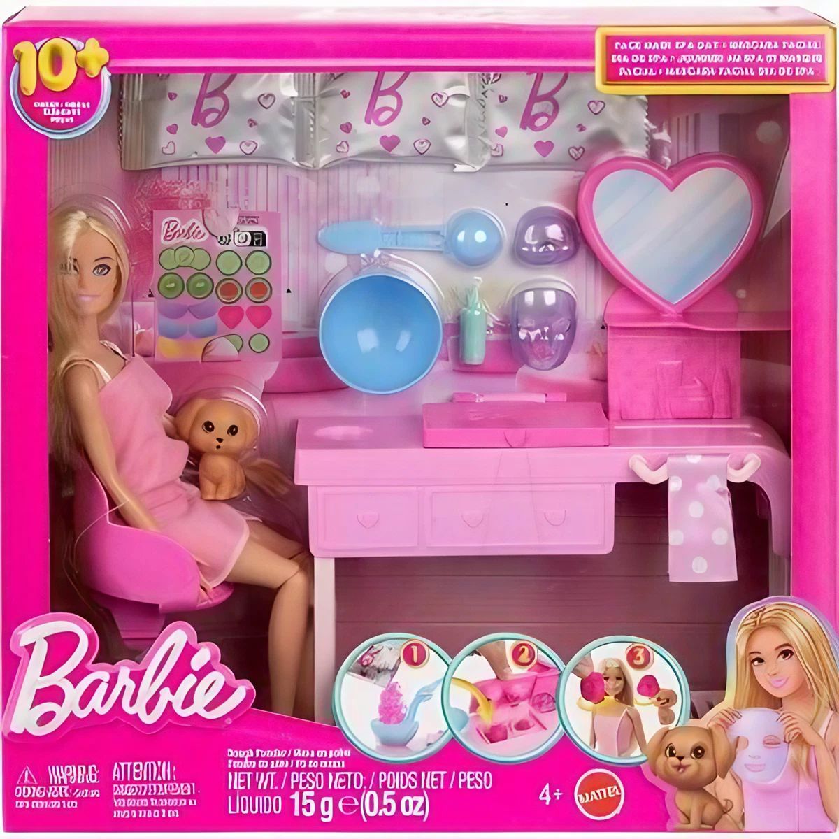Barbie Face Mask Spa Playset with Doll, DIY Dough Masks Kit, 10+ Accessories, Spa Furniture & Pet Puppy