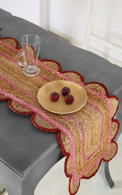 Indian Handmade Scalloped Natural Jute Pink and Red Border Dining Table Runner