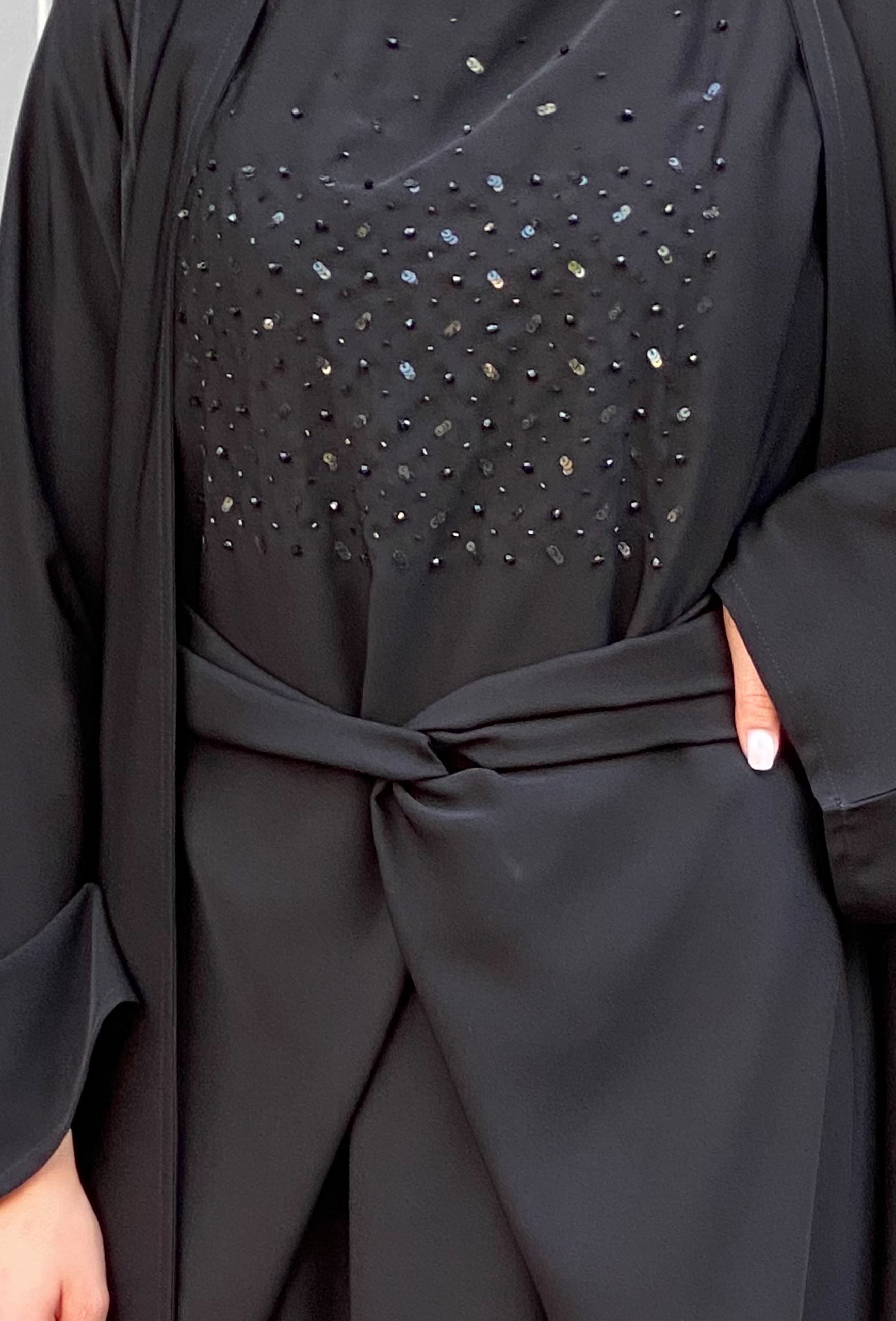 MOiSTREET Black Nada Abaya Set with Embroidered Under Dress