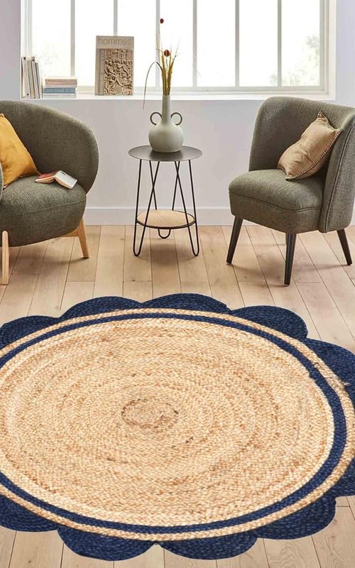 Handmade Natural Jute Round Area Rug with Blue Scalloped Border | Boho Coastal Floor Carpet for Living Room & Bedroom