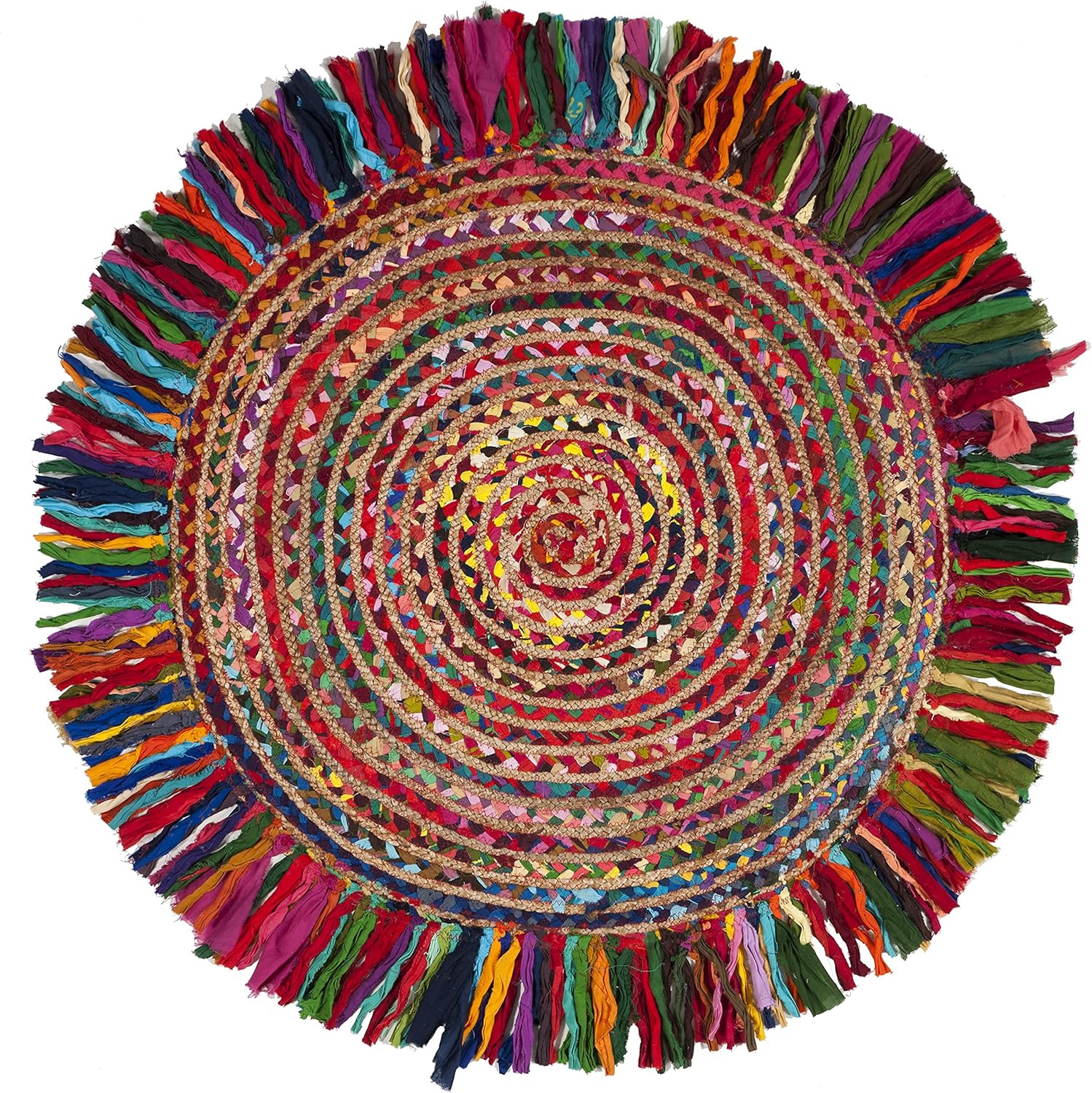 Multicolor Round Jute Cotton Rug with Tassels | Handmade Boho Fringe Area Rug