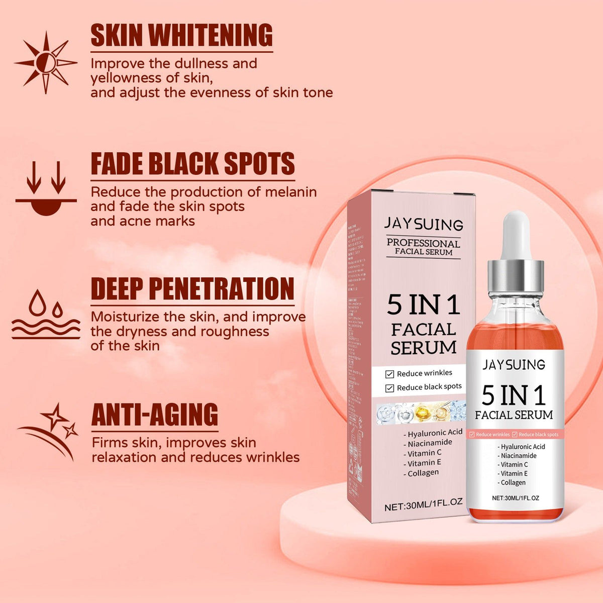5 in 1 Face Serum, Moisturize, Anti-Wrinkle, Firm Skin, Fade Spots, Brighten ,30ml