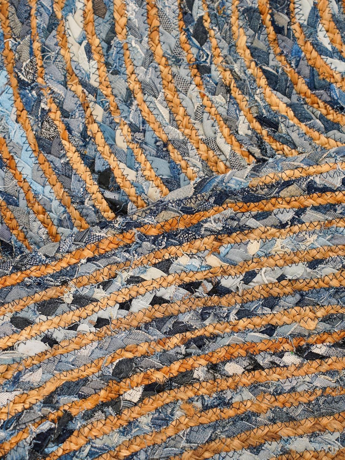 Round Denim & Jute Rug Spiral Pattern | Handwoven Blue Natural Fiber Area Rug