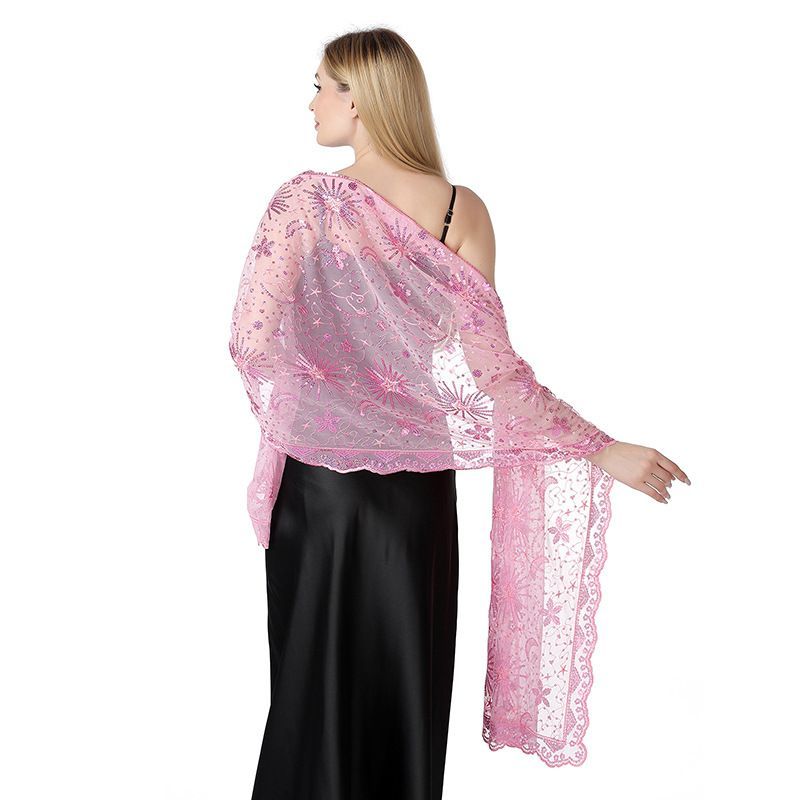 Luxury Star Moon Embroidered Shawl Wrap for Women Black Silver