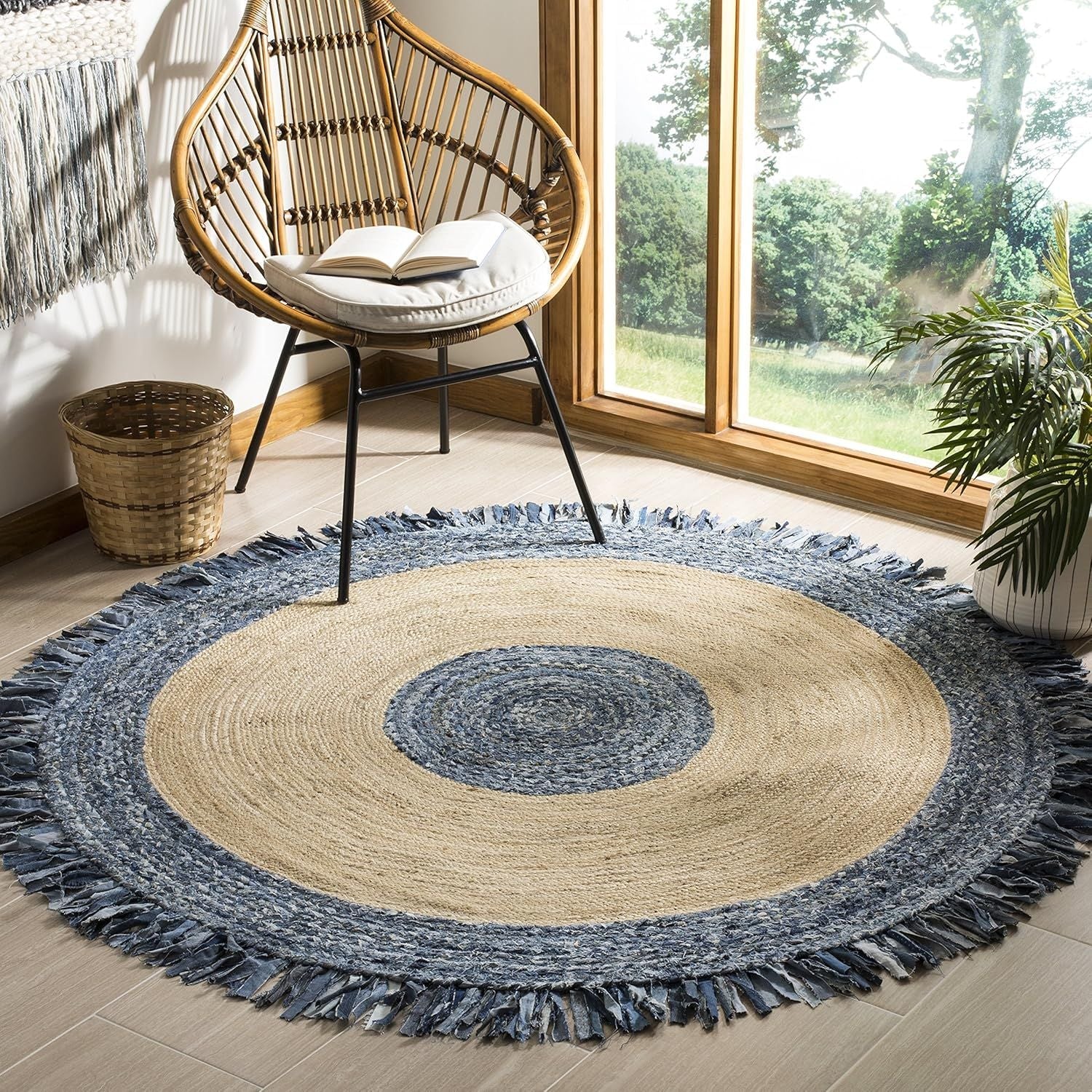 Round Denim & Jute Rug with Fringe | Handwoven Natural Fiber Boho Area Rug
