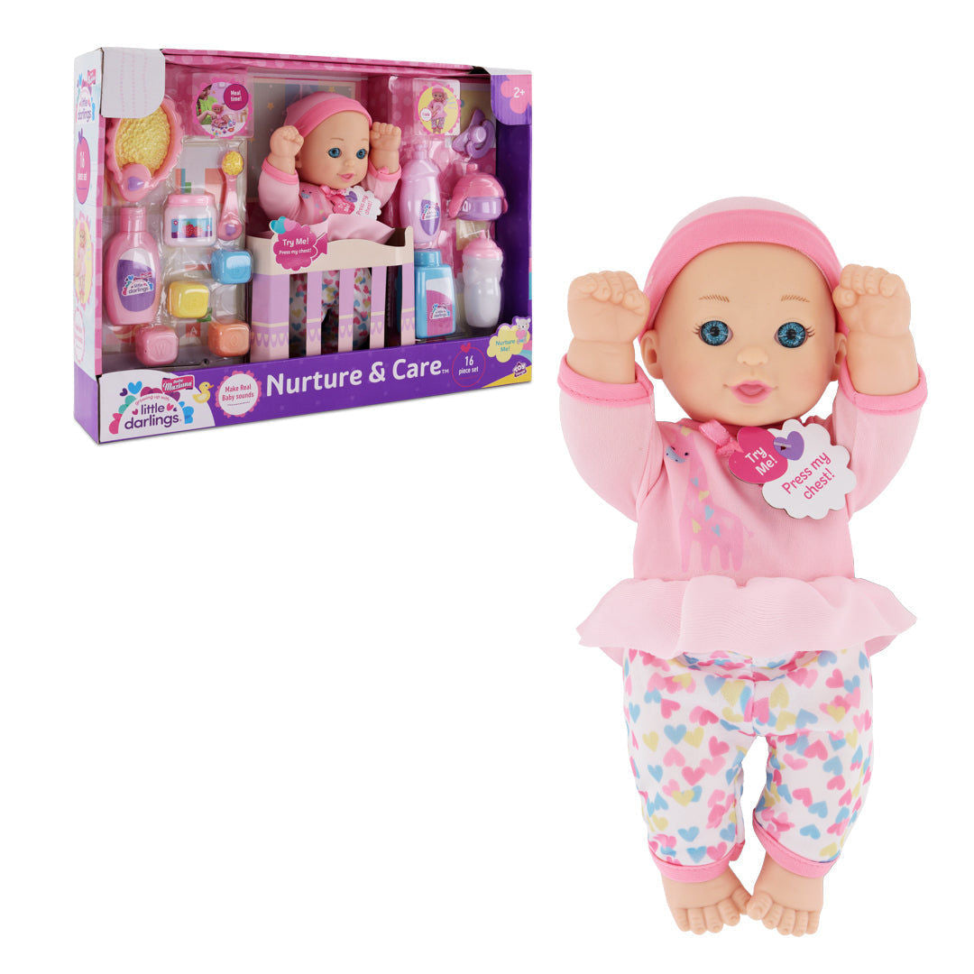 Baby Maziuna Little Darlings Nurture & Care Interactive Baby Doll Playset, 27.9cm, 16 Pieces, 24 Months+