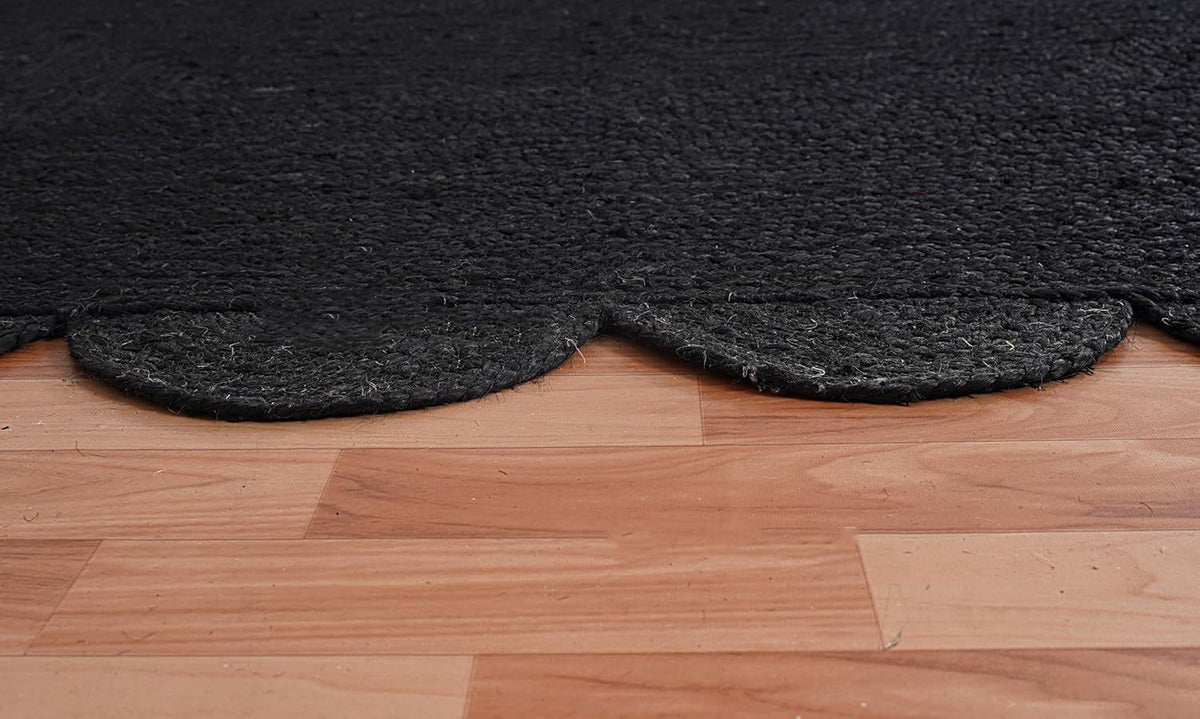 Black Rectangular Jute Rug Scalloped Edge Handwoven Carpet | Modern Boho Floor Rug