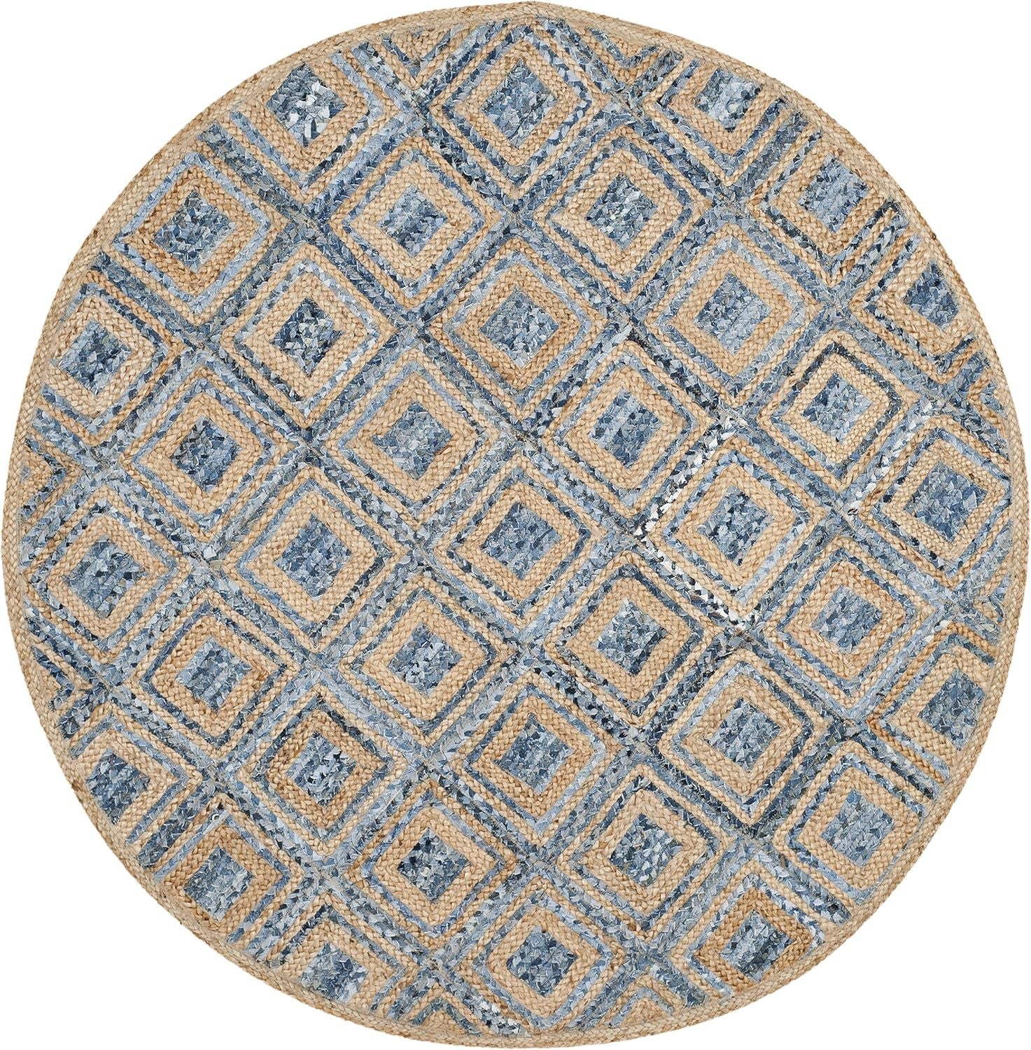 Round Denim & Jute Rug Blue Beige Diamond Pattern | Handwoven Natural Fiber Area Rug