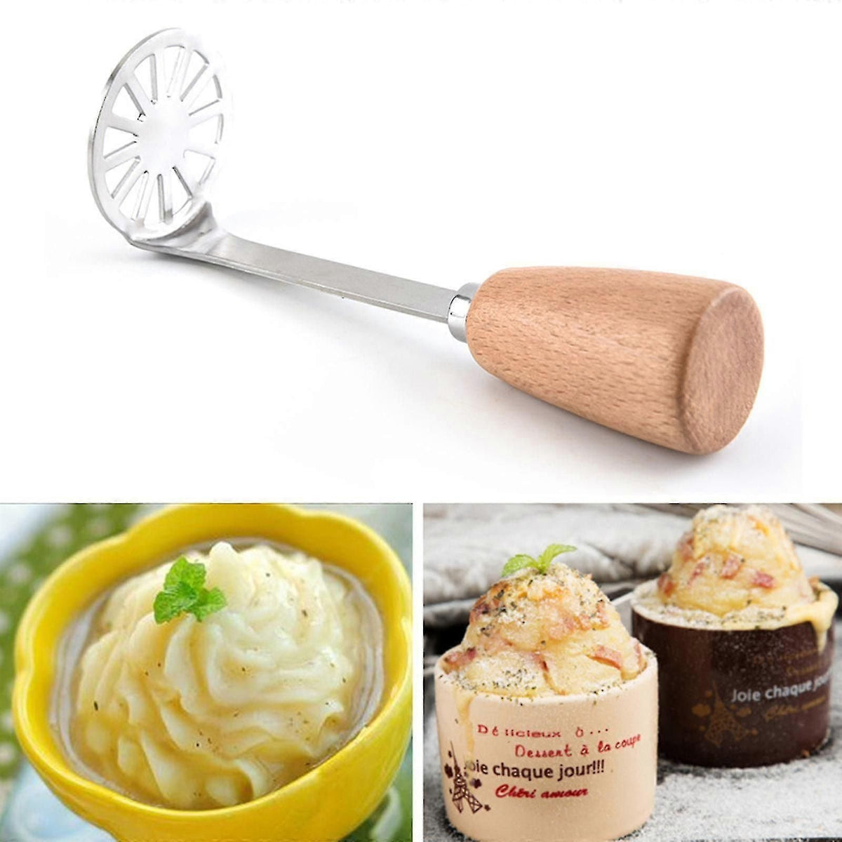 Potato Masher With Stainless Steel And Wooden Handle, Used For Soft Fruits, Vegetables, And Meat