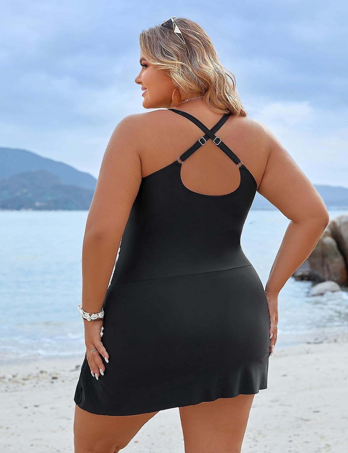 Women Plus Size Swim Dress Swimsuit One Piece Tummy Control Bathing Suits Modest Criss Cross Swim Suits
