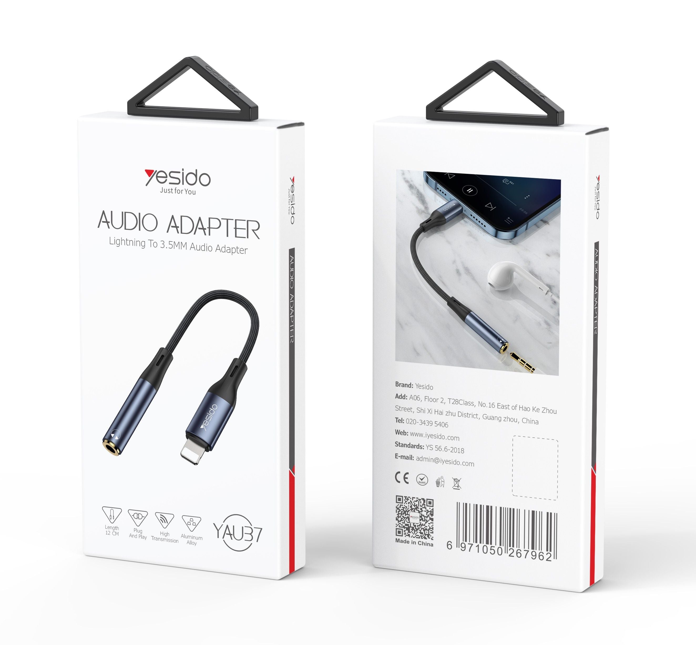 Yesido Lightning to 3.5mm Audio Adapter Cable, 15cm, Aluminum Alloy & Nylon, Black