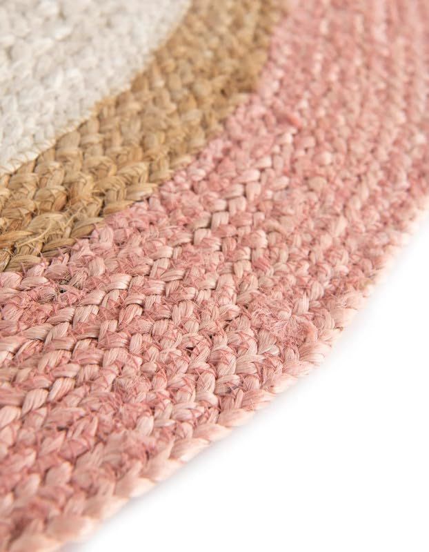 Pink & White Border Oval Jute Rug | Handmade Natural Fiber Area Rug for Living Room & Bedroom