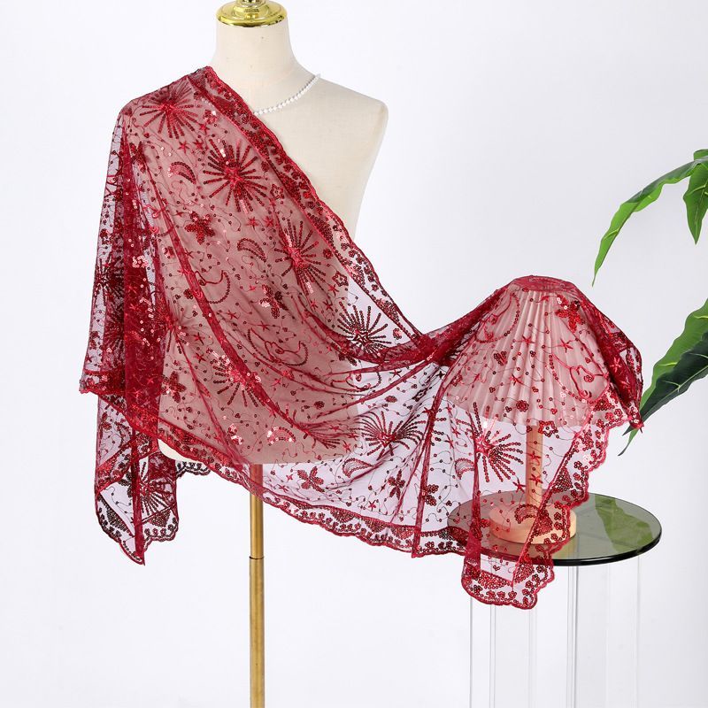 Luxury Star Moon Embroidered Shawl Wrap for Women Black Silver