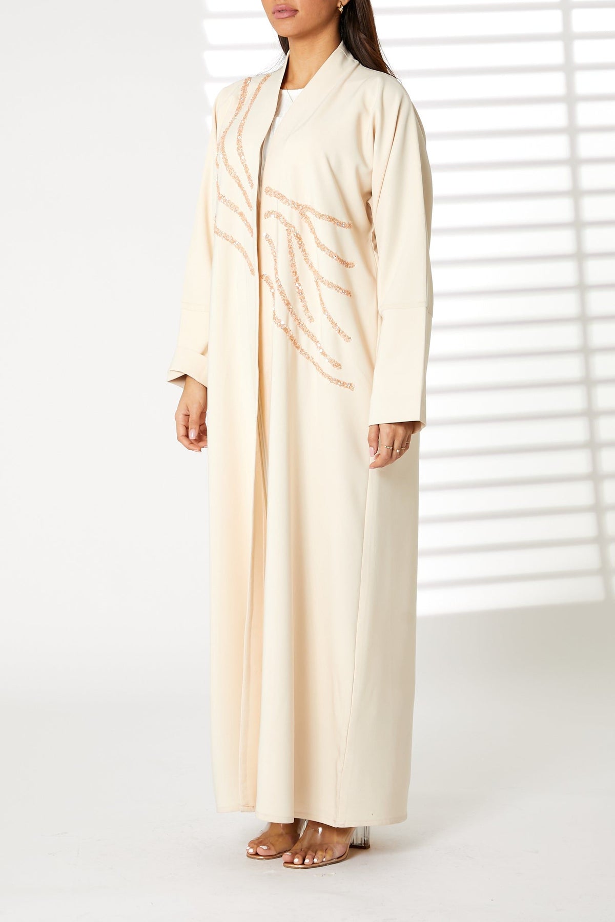 MOiSTREET Peach Bridal Satin Embroidered Abaya